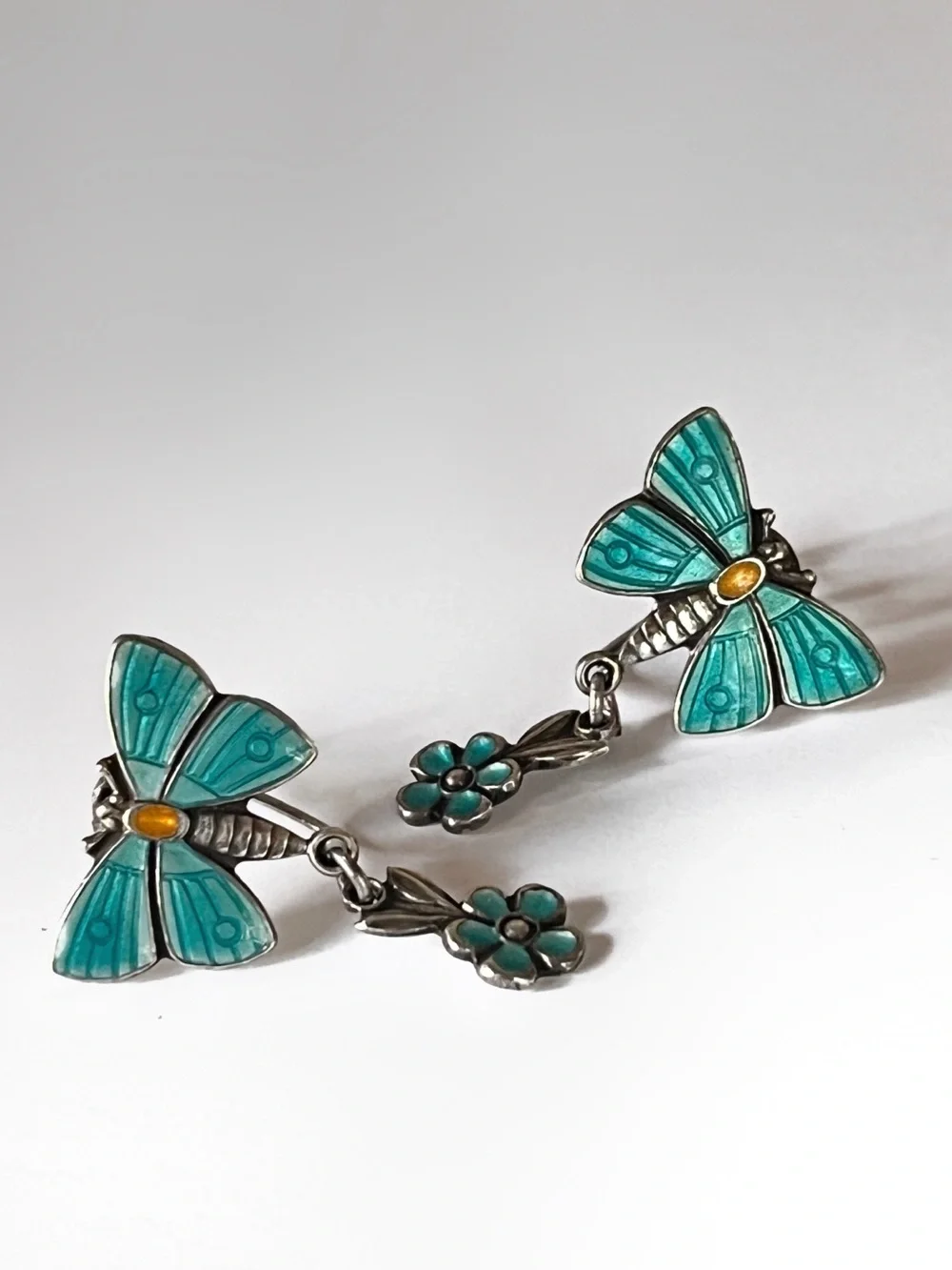 Antique Guilloche Earrings Turquoise Enamel STERLING Dangle Butterfly Daisy VTG